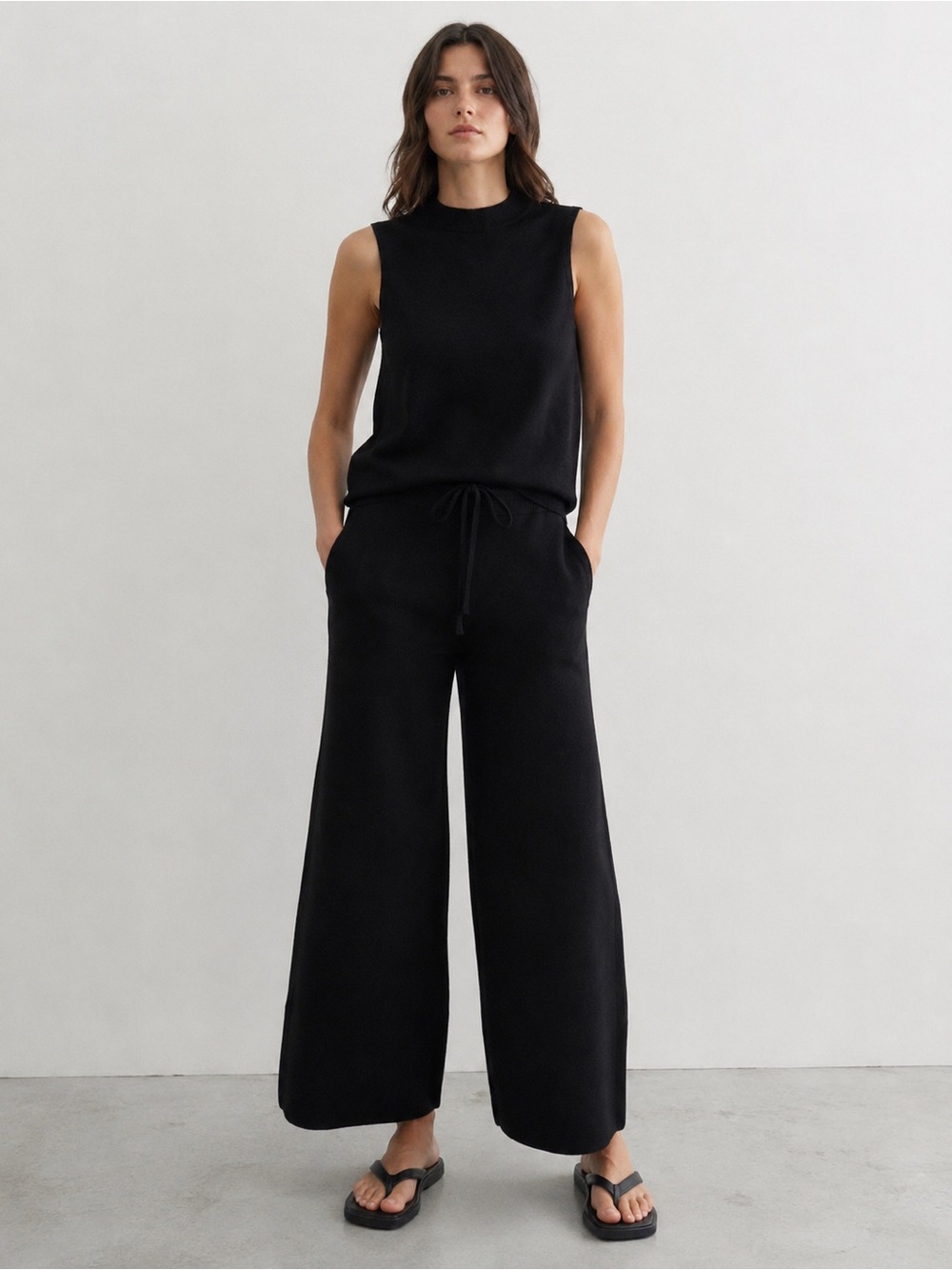 COS Heavyweight Wide Leg Knit Pants Black Sz Medium Minimalist Pull-On